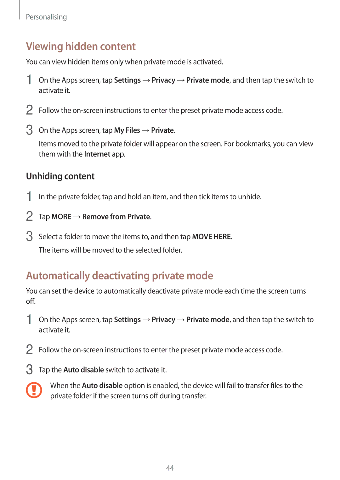 Samsung SM-T355YZWAXXV, SM-T355YZAAXXV Viewing hidden content, Automatically deactivating private mode, Unhiding content 