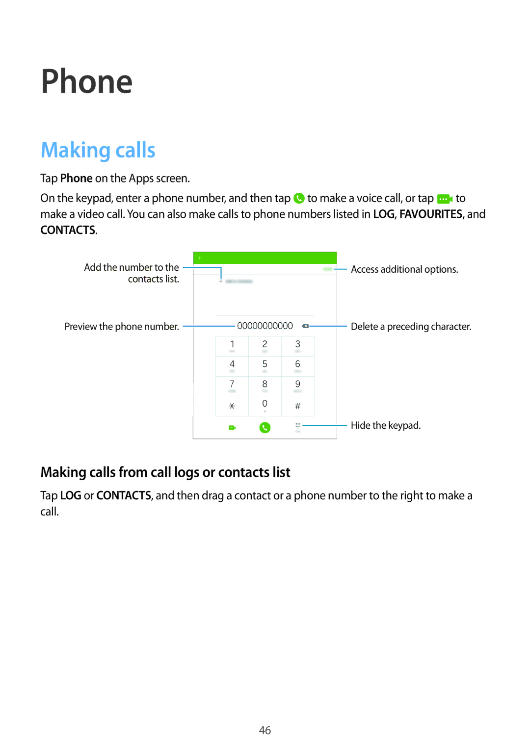 Samsung SM-T355YZWAXXV, SM-T355YZAAXXV manual Phone, Making calls from call logs or contacts list 