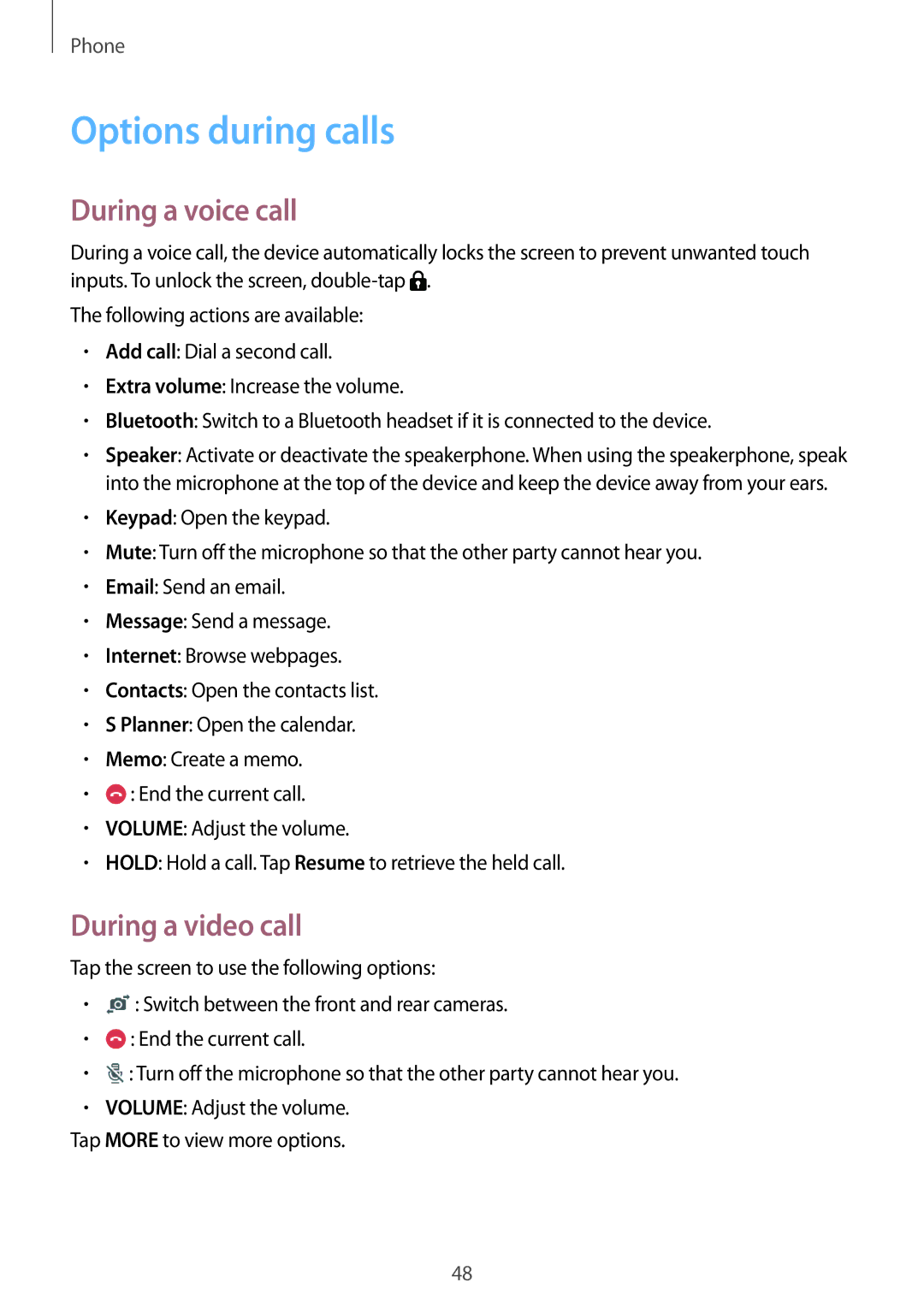 Samsung SM-T355YZWAXXV, SM-T355YZAAXXV manual Options during calls, During a voice call, During a video call 