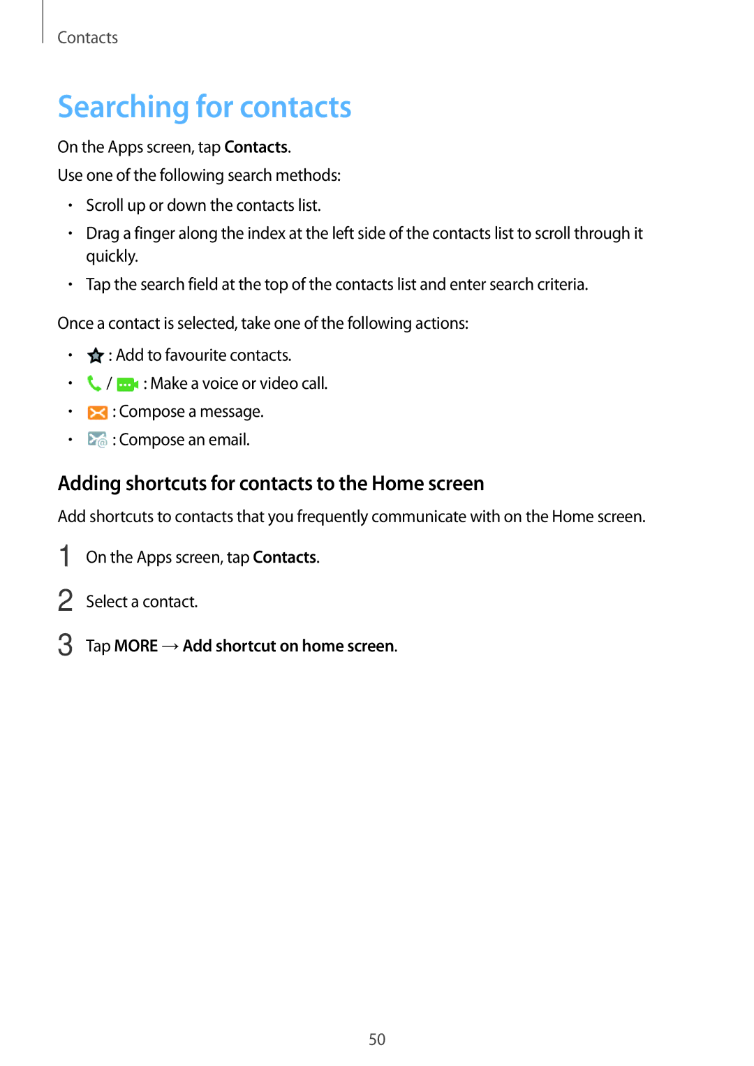 Samsung SM-T355YZWAXXV, SM-T355YZAAXXV manual Searching for contacts, Adding shortcuts for contacts to the Home screen 