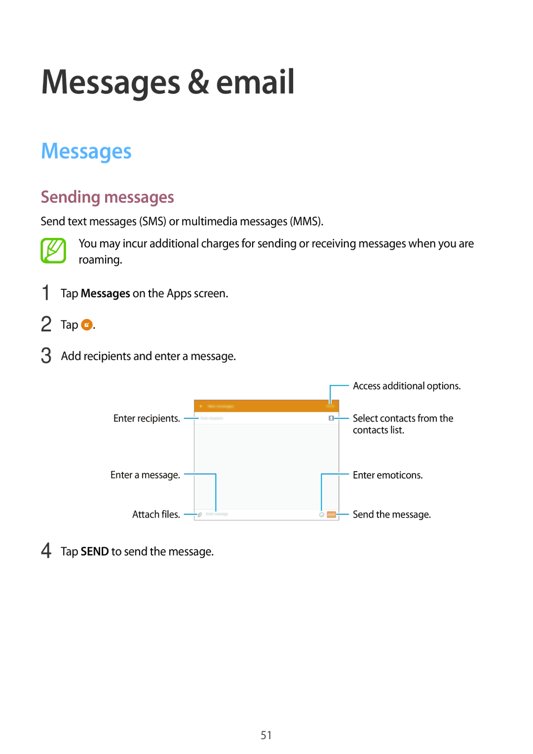 Samsung SM-T355YZAAXXV, SM-T355YZWAXXV manual Messages & email, Sending messages 