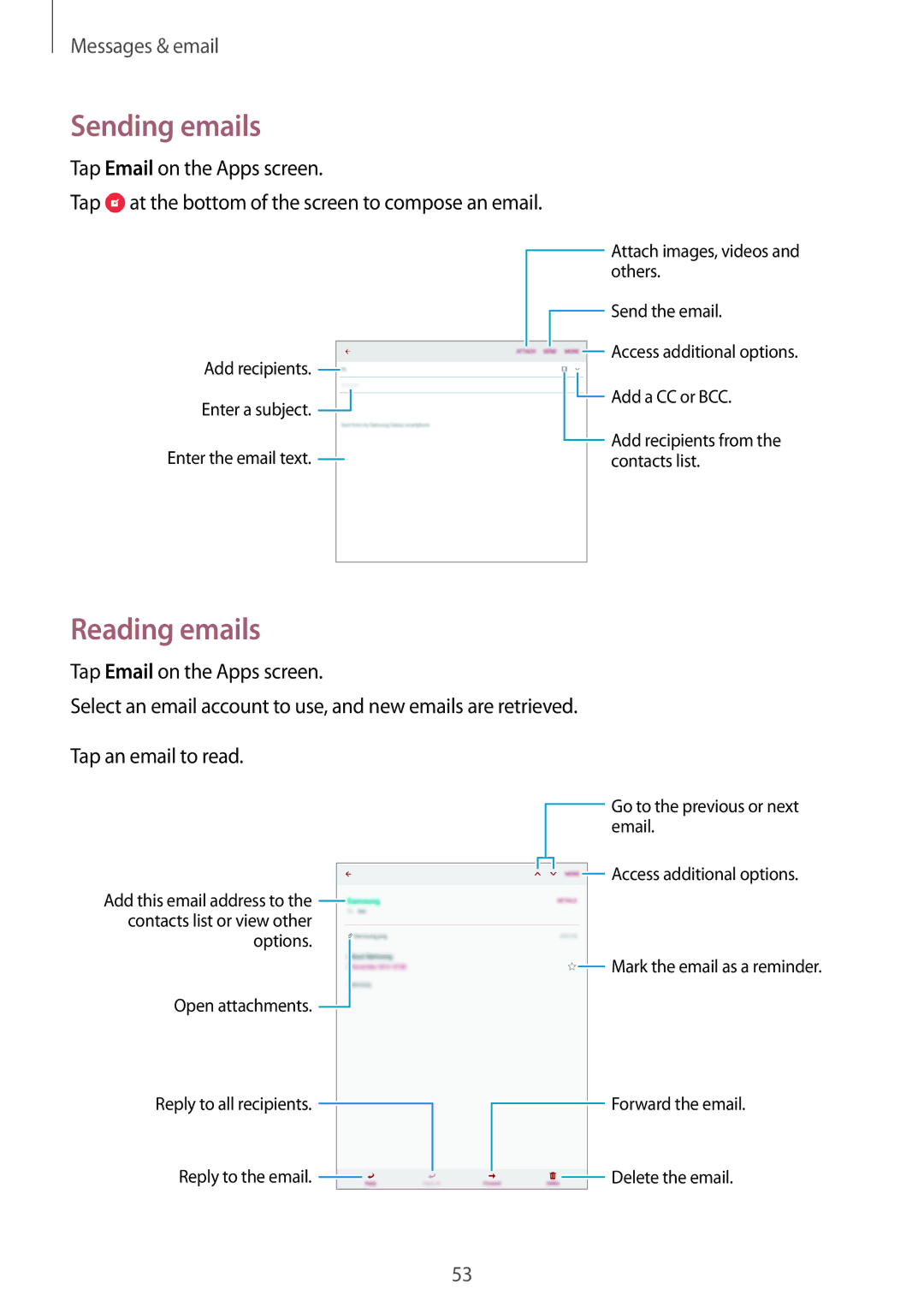 Samsung SM-T355YZAAXXV, SM-T355YZWAXXV manual Sending emails, Reading emails 