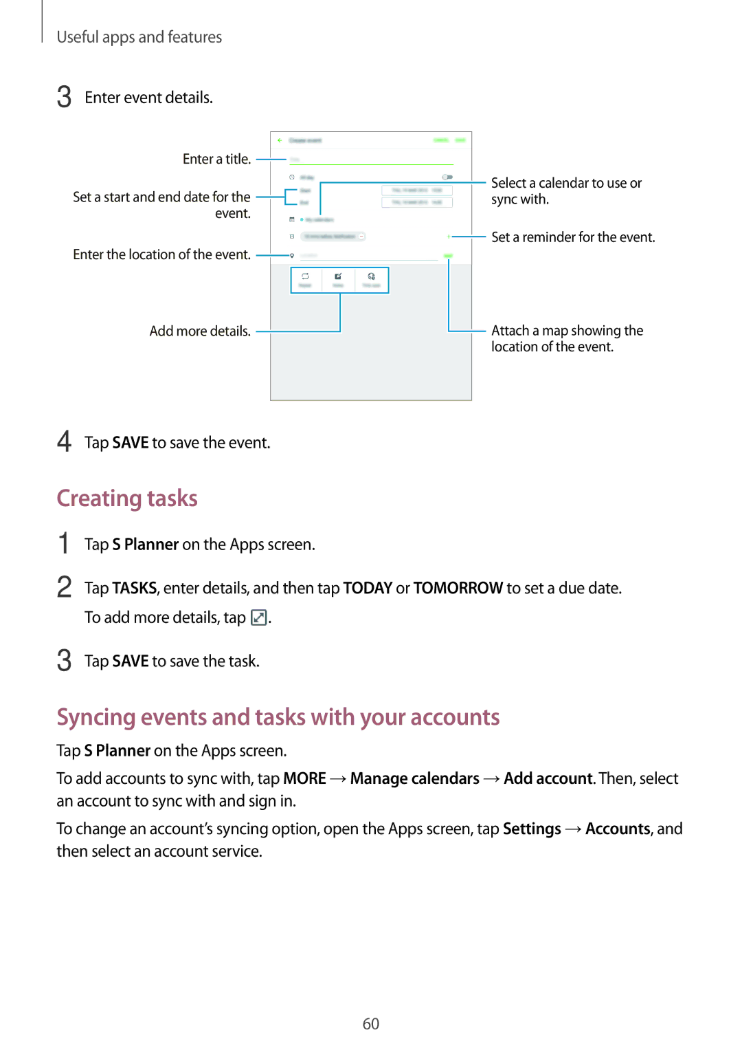 Samsung SM-T355YZWAXXV, SM-T355YZAAXXV manual Creating tasks, Syncing events and tasks with your accounts 