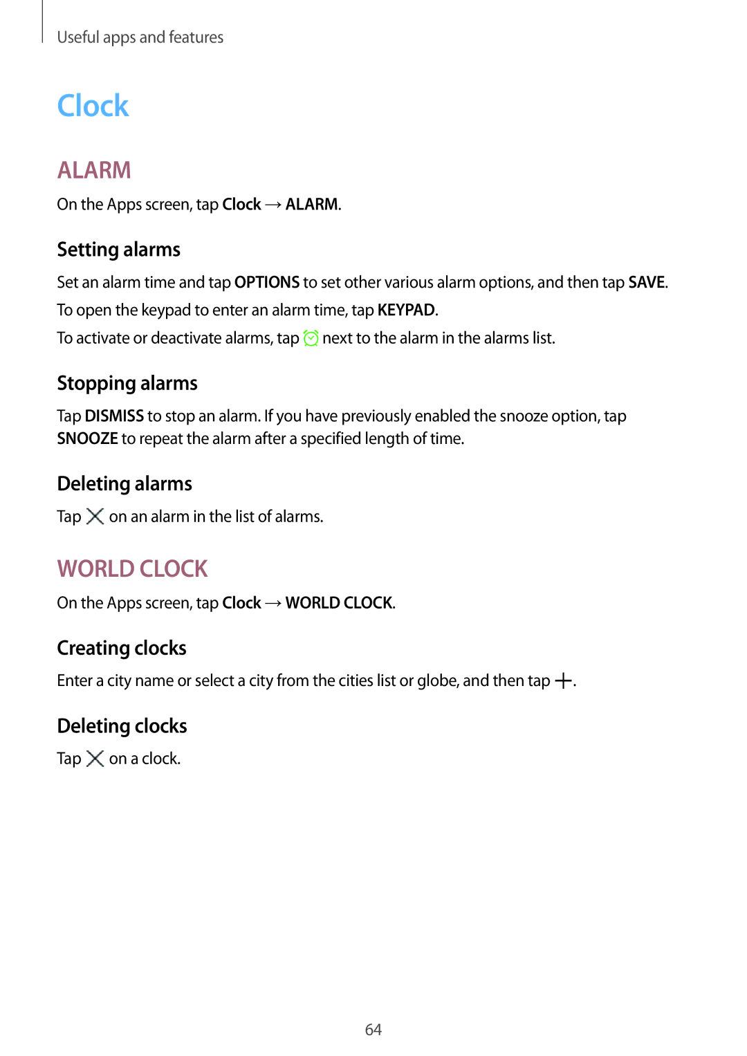 Samsung SM-T355YZWAXXV, SM-T355YZAAXXV manual Clock 