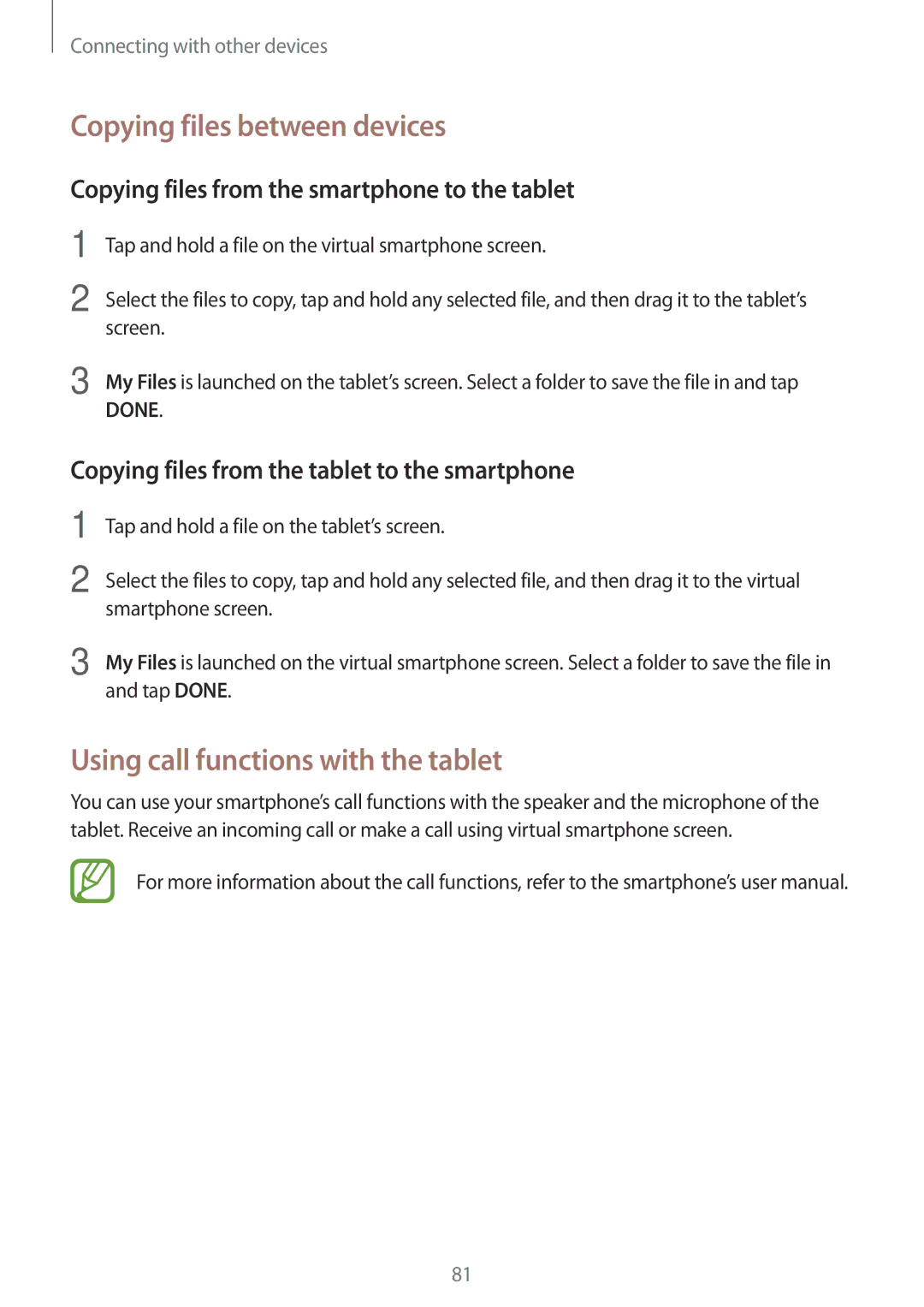 Samsung SM-T355YZAAXXV, SM-T355YZWAXXV manual Copying files between devices, Using call functions with the tablet 