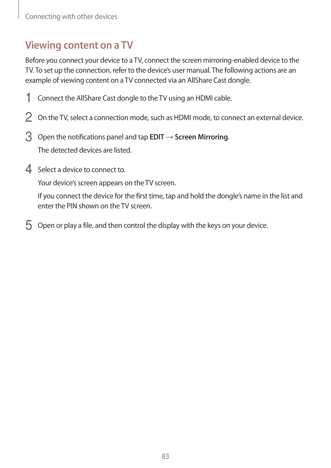 Samsung SM-T355YZAAXXV, SM-T355YZWAXXV manual Viewing content on a TV 