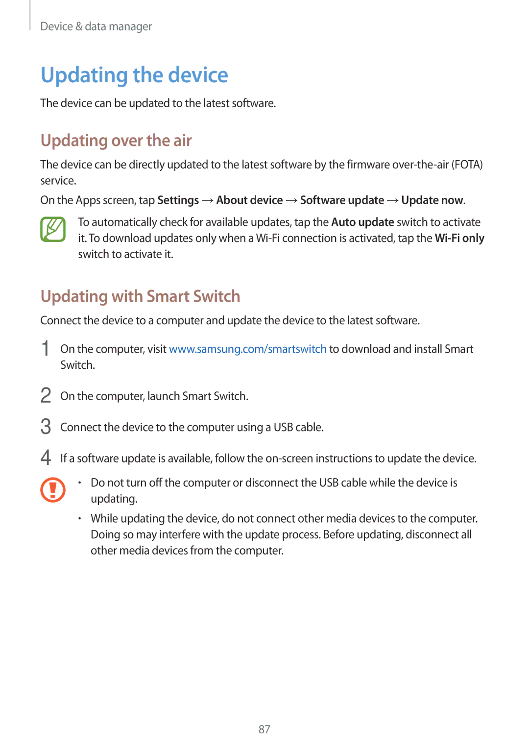 Samsung SM-T355YZAAXXV, SM-T355YZWAXXV manual Updating the device, Updating over the air, Updating with Smart Switch 