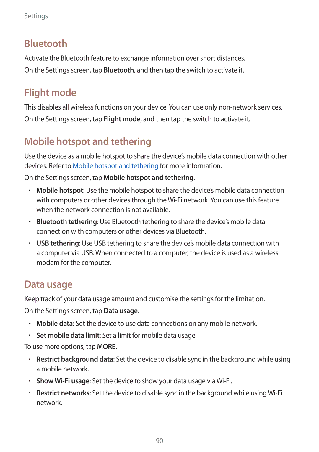 Samsung SM-T355YZWAXXV, SM-T355YZAAXXV manual Bluetooth, Flight mode, Mobile hotspot and tethering, Data usage 