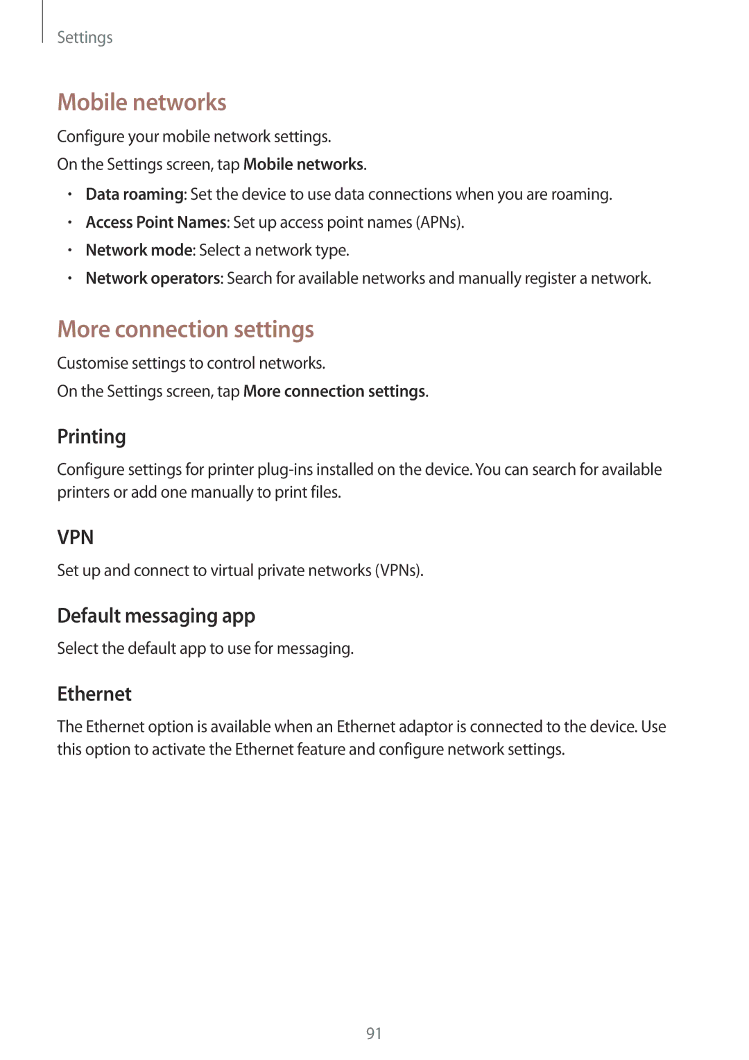 Samsung SM-T355YZAAXXV manual Mobile networks, More connection settings, Printing, Default messaging app, Ethernet 