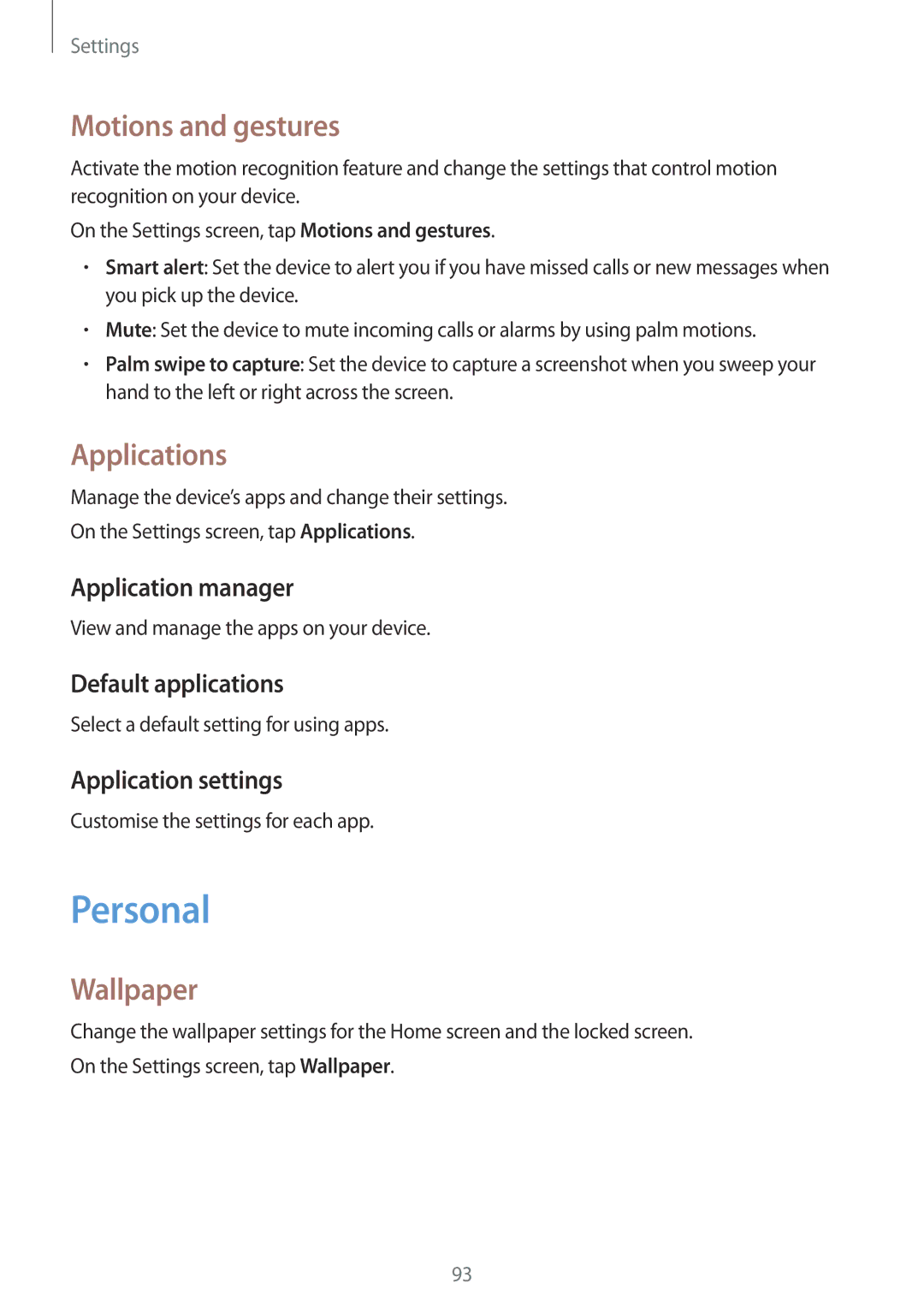 Samsung SM-T355YZAAXXV, SM-T355YZWAXXV manual Personal, Motions and gestures, Applications, Wallpaper 