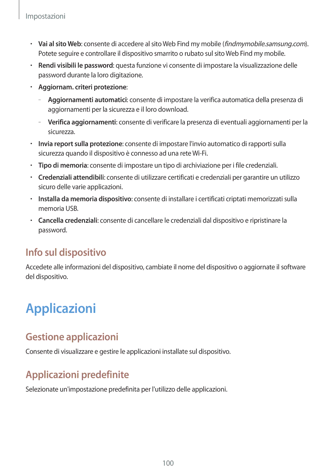 Samsung SM-T360NNGAITV manual Info sul dispositivo, Gestione applicazioni, Applicazioni predefinite 