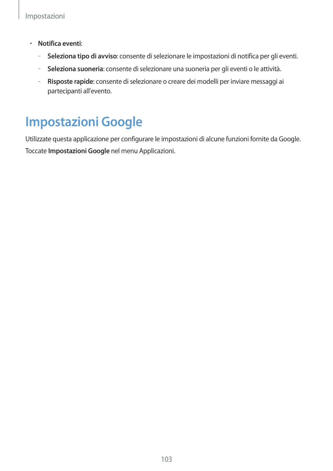 Samsung SM-T360NNGAITV manual Impostazioni Google, Notifica eventi 