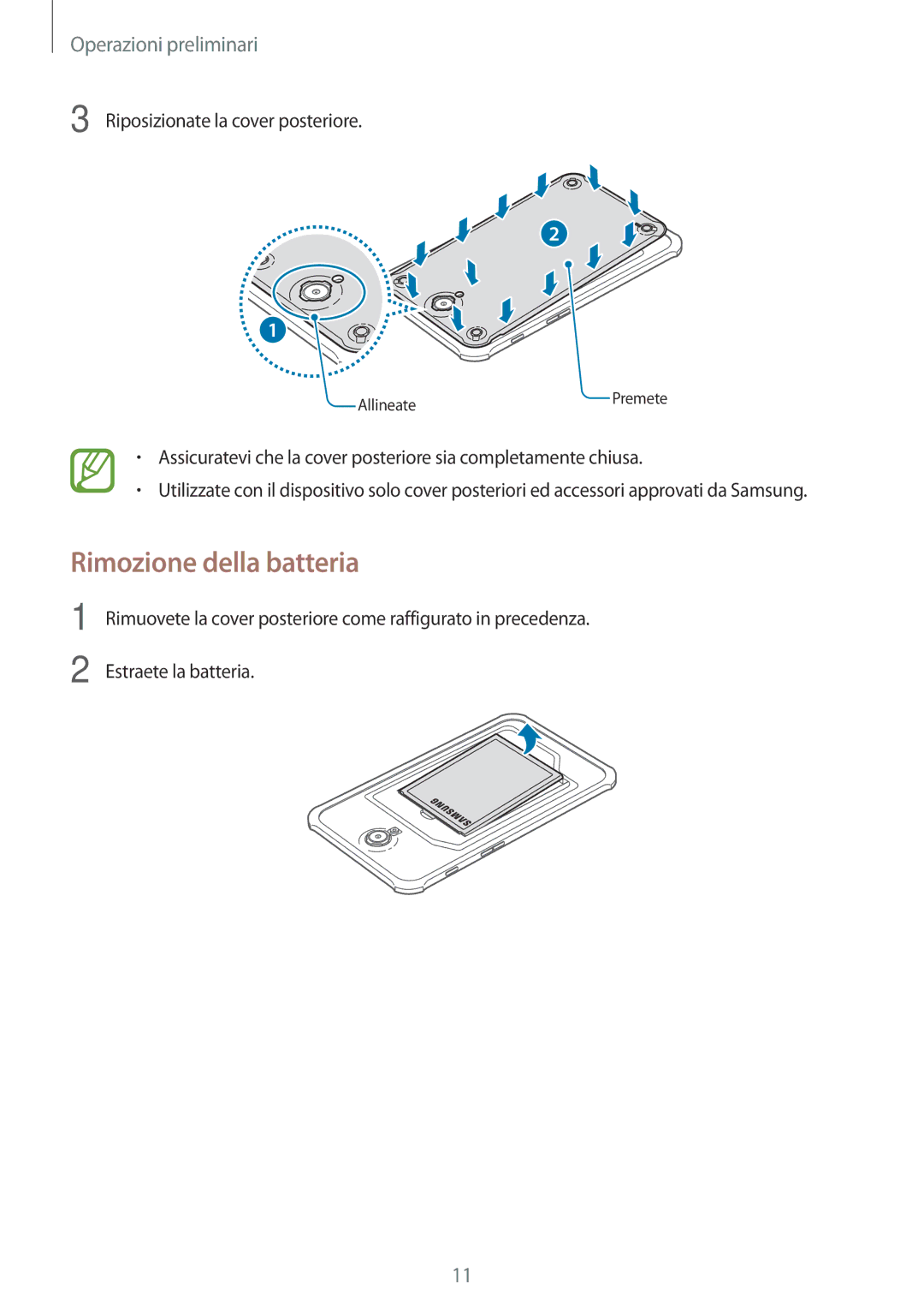 Samsung SM-T360NNGAITV manual Rimozione della batteria 