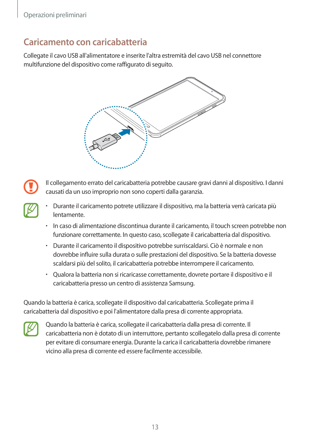 Samsung SM-T360NNGAITV manual Caricamento con caricabatteria 