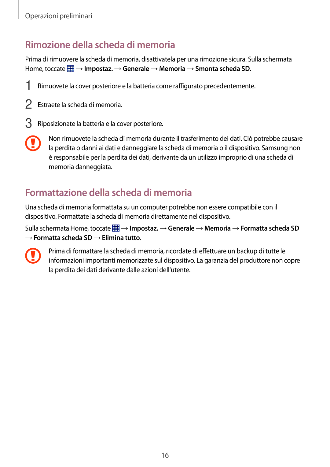 Samsung SM-T360NNGAITV manual Rimozione della scheda di memoria, Formattazione della scheda di memoria 