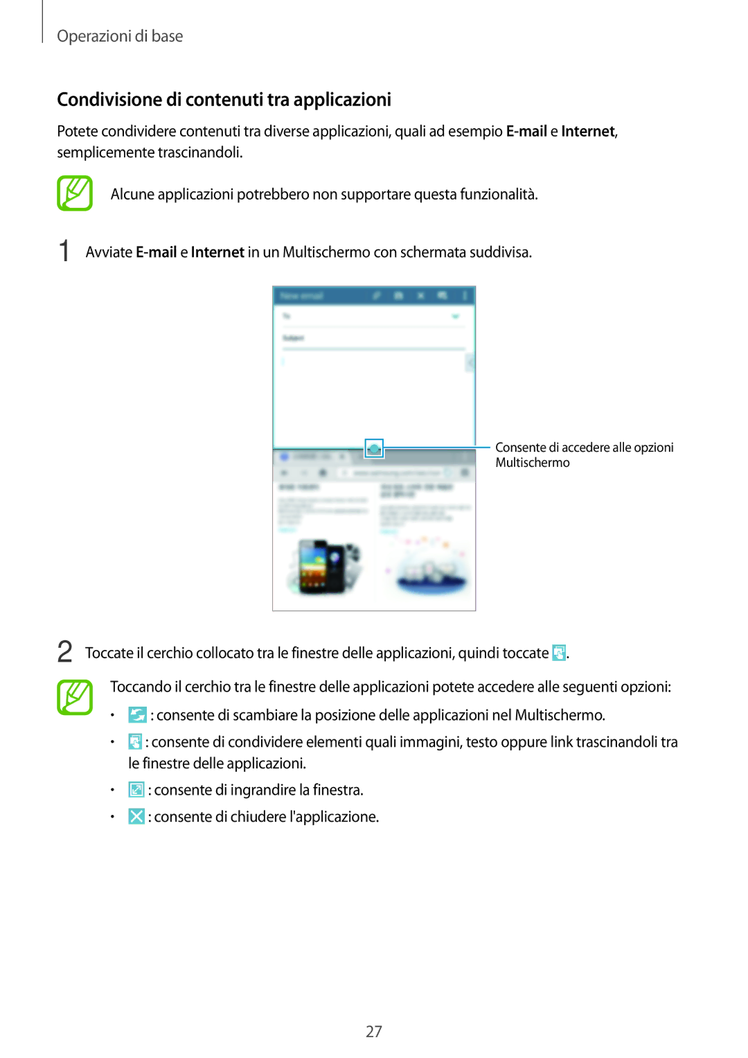 Samsung SM-T360NNGAITV manual Condivisione di contenuti tra applicazioni 