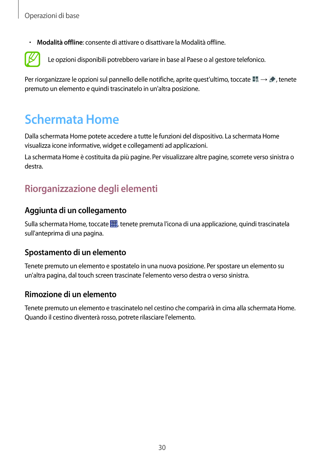 Samsung SM-T360NNGAITV manual Schermata Home, Riorganizzazione degli elementi, Aggiunta di un collegamento 