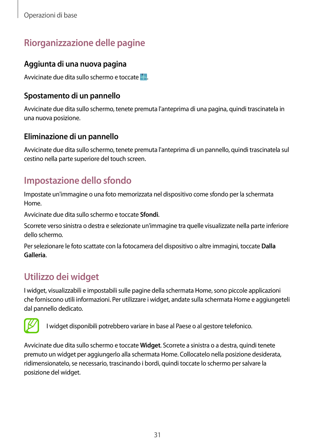 Samsung SM-T360NNGAITV manual Riorganizzazione delle pagine, Impostazione dello sfondo, Utilizzo dei widget 