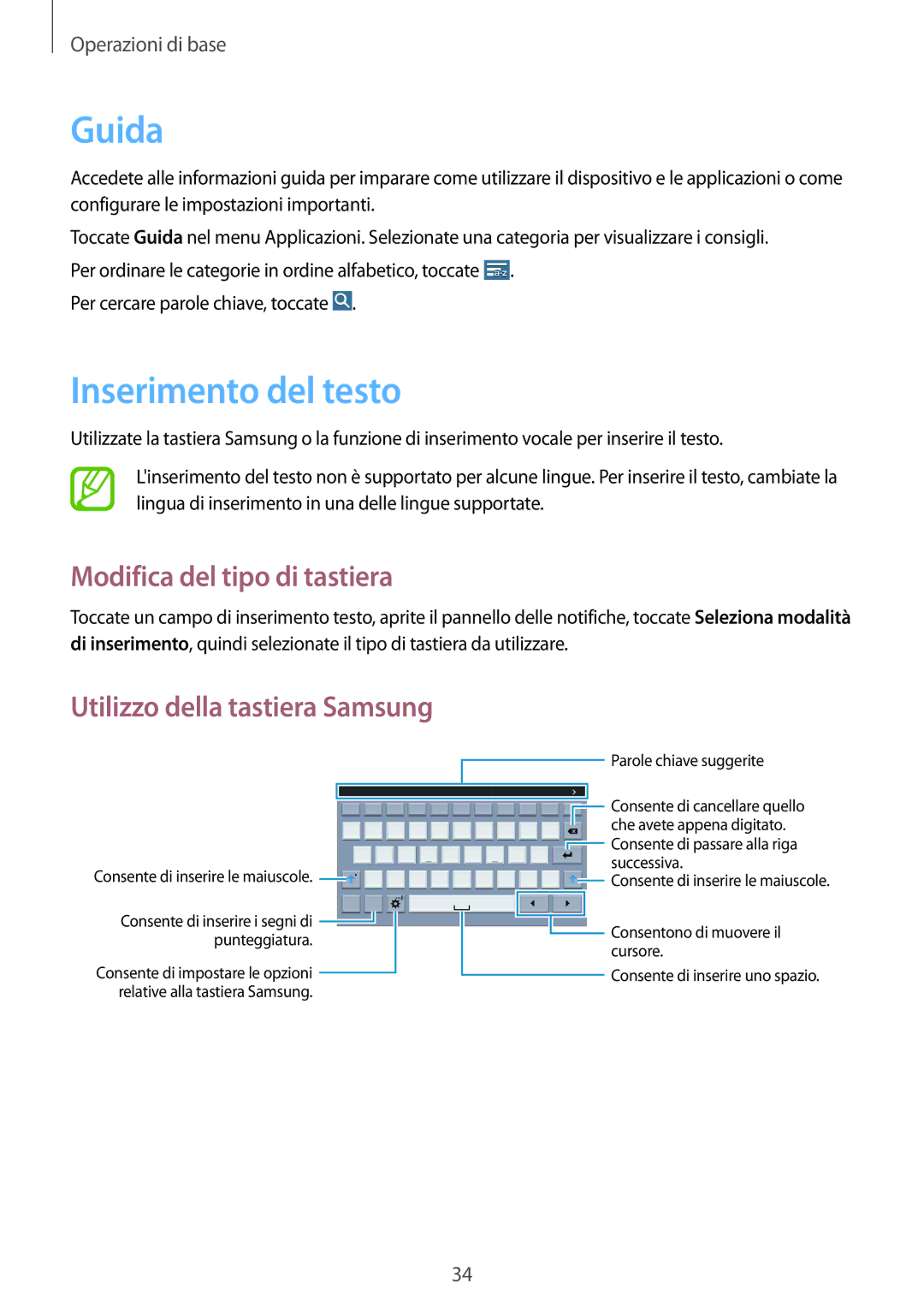 Samsung SM-T360NNGAITV manual Guida, Inserimento del testo, Modifica del tipo di tastiera 