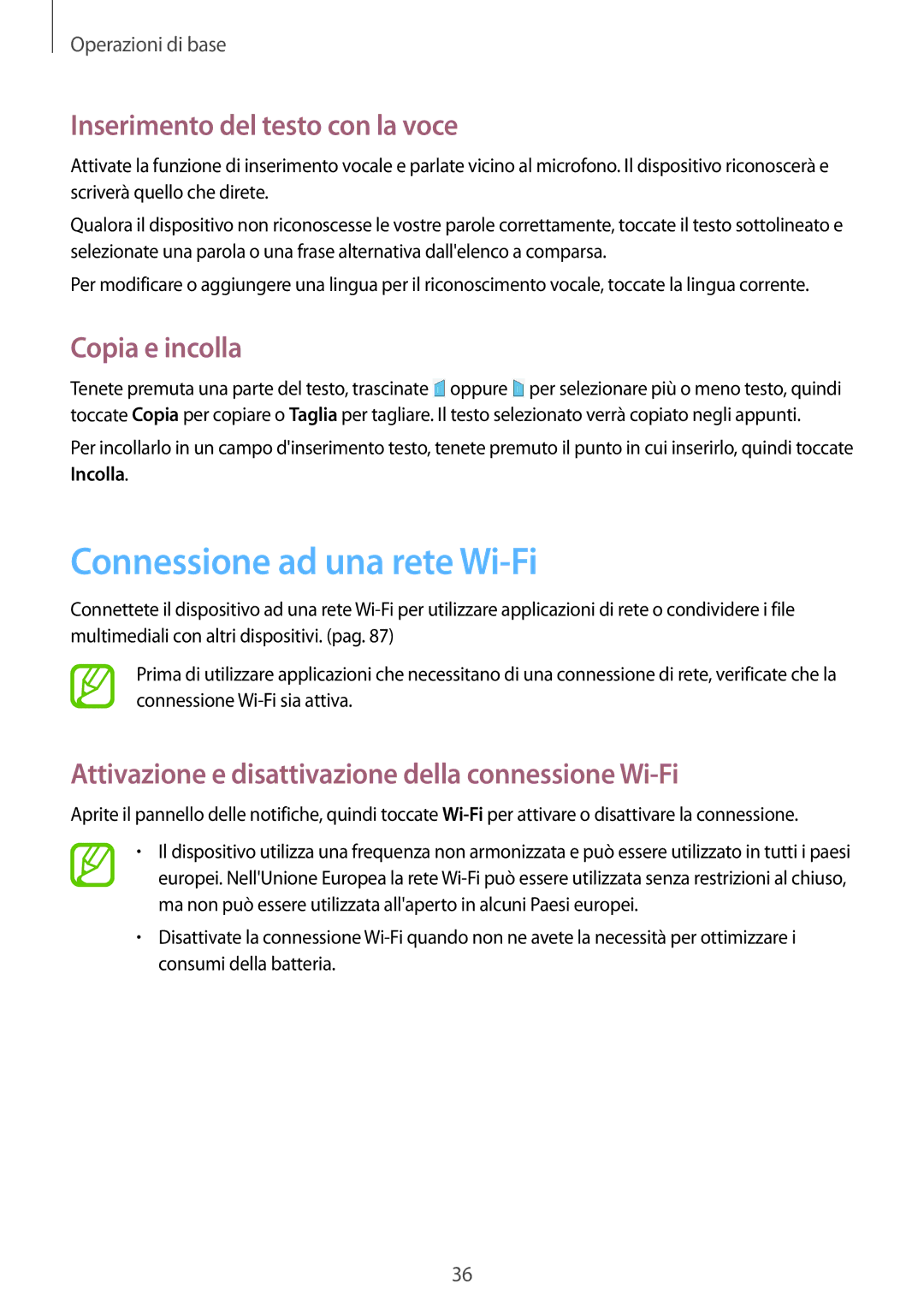 Samsung SM-T360NNGAITV manual Connessione ad una rete Wi-Fi, Inserimento del testo con la voce, Copia e incolla 