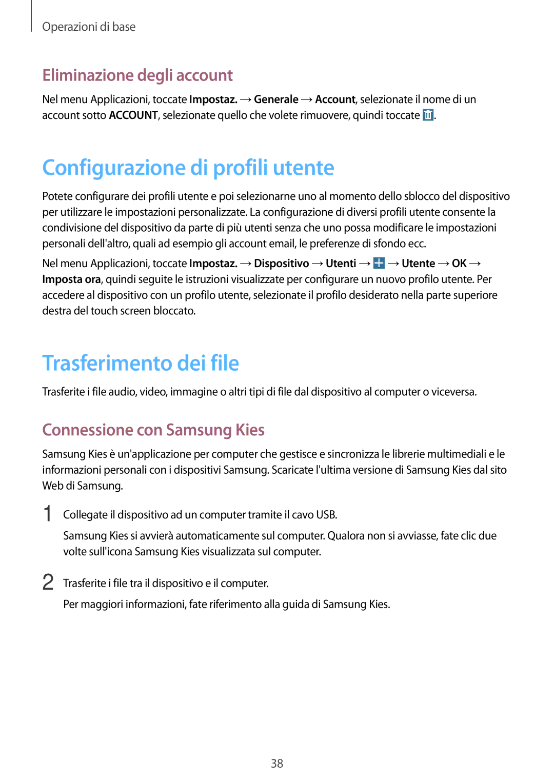 Samsung SM-T360NNGAITV manual Configurazione di profili utente, Trasferimento dei file, Eliminazione degli account 