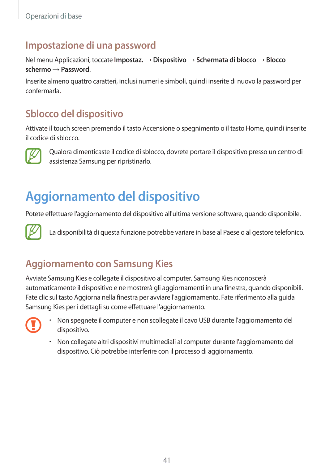 Samsung SM-T360NNGAITV manual Aggiornamento del dispositivo, Impostazione di una password, Sblocco del dispositivo 