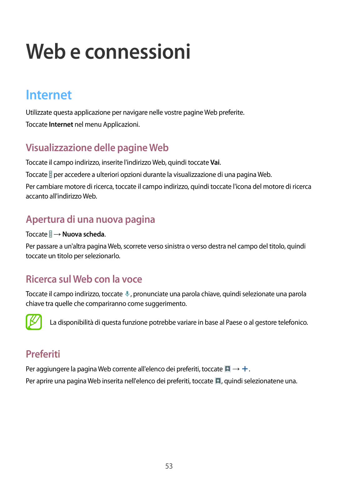 Samsung SM-T360NNGAITV manual Web e connessioni, Internet 