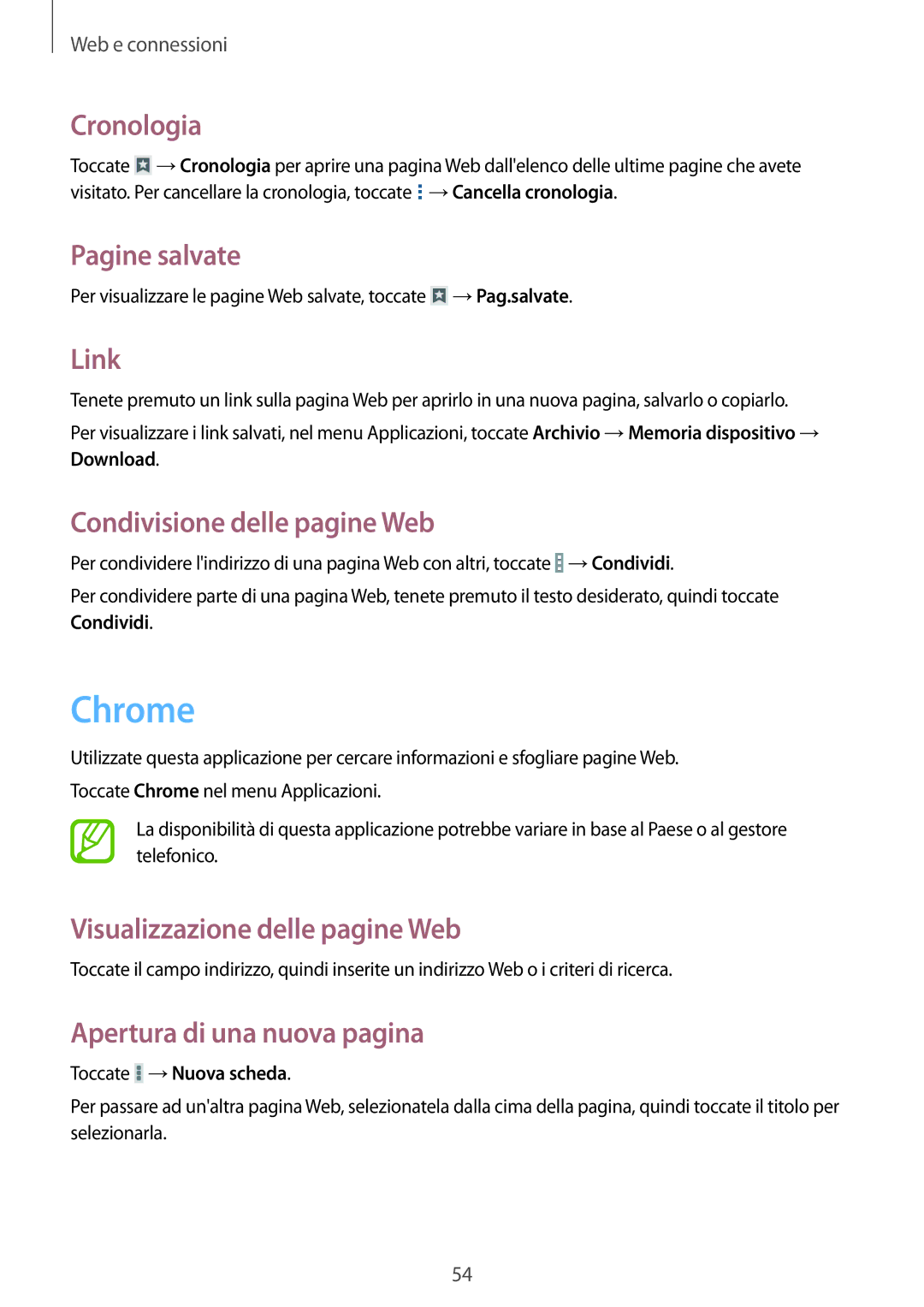 Samsung SM-T360NNGAITV manual Chrome, Cronologia, Pagine salvate, Link, Condivisione delle pagine Web 