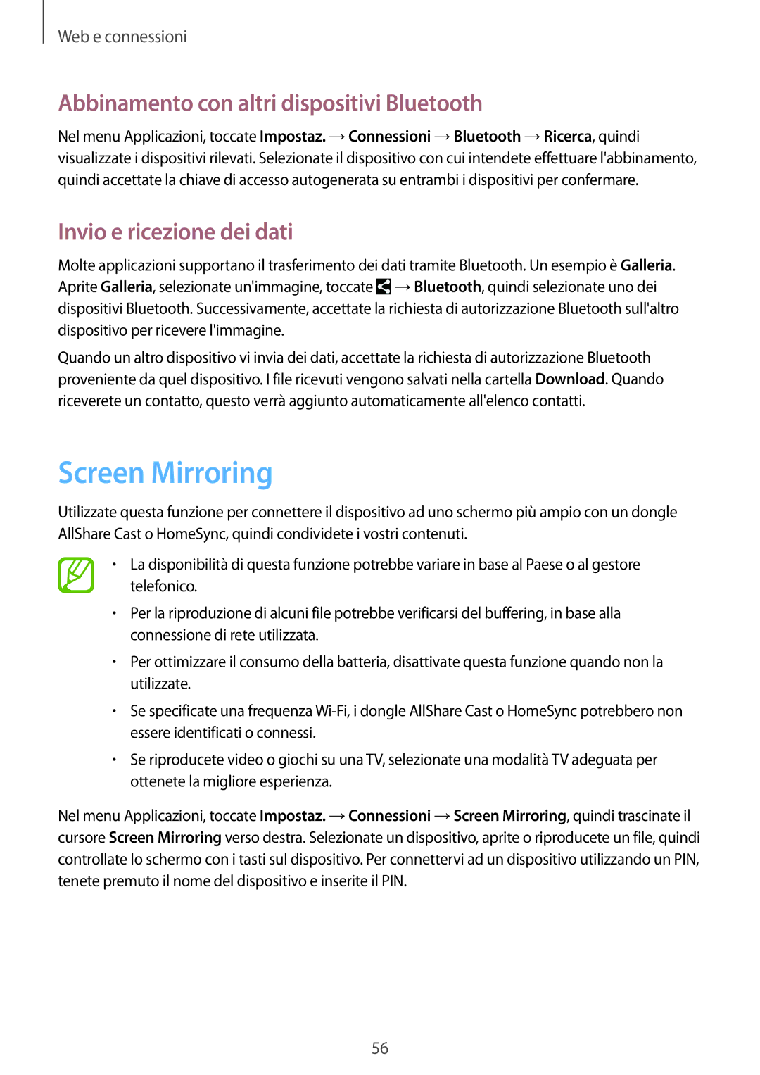 Samsung SM-T360NNGAITV manual Screen Mirroring, Abbinamento con altri dispositivi Bluetooth, Invio e ricezione dei dati 