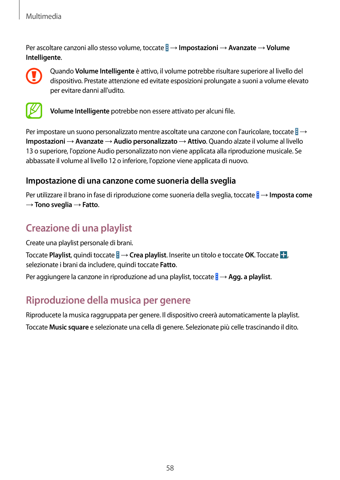 Samsung SM-T360NNGAITV manual Creazione di una playlist, Riproduzione della musica per genere, → Tono sveglia →Fatto 