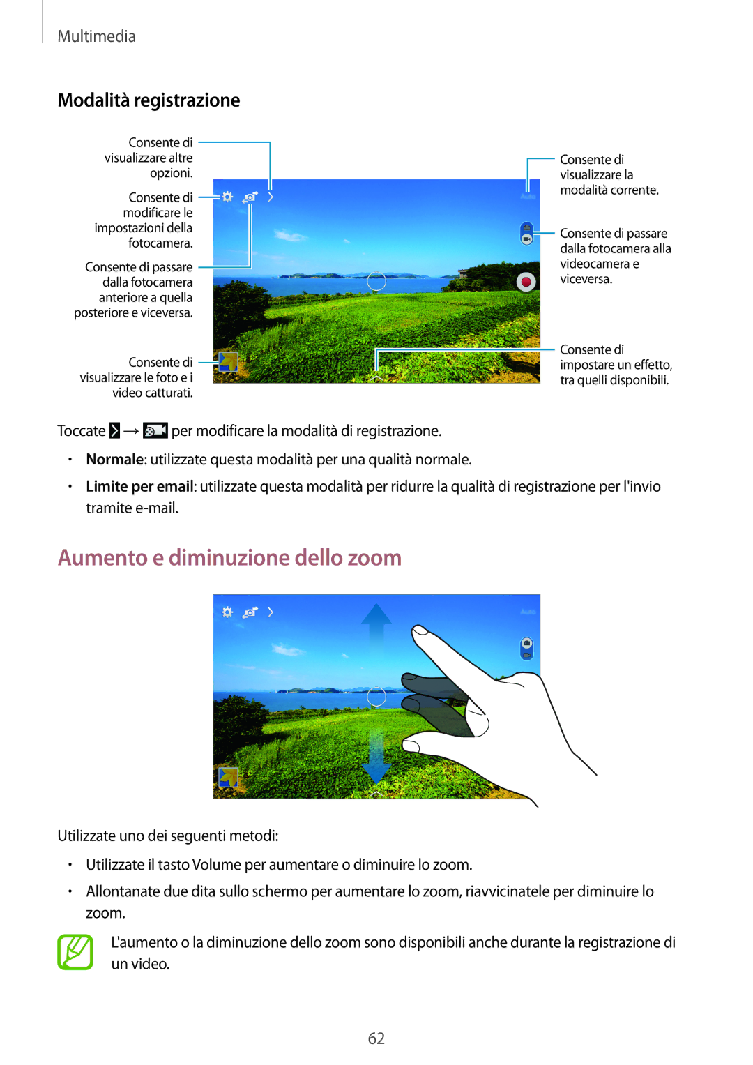 Samsung SM-T360NNGAITV manual Aumento e diminuzione dello zoom, Modalità registrazione 