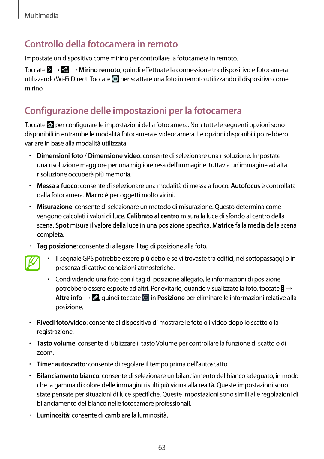 Samsung SM-T360NNGAITV manual Controllo della fotocamera in remoto, Configurazione delle impostazioni per la fotocamera 