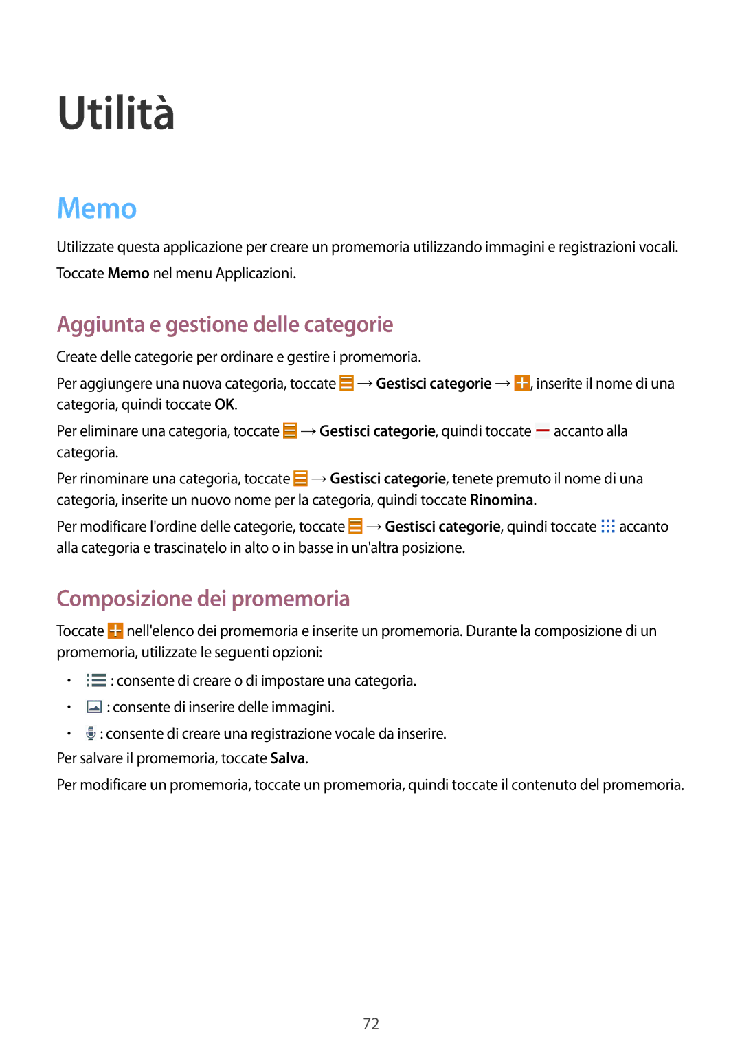 Samsung SM-T360NNGAITV manual Utilità, Memo, Aggiunta e gestione delle categorie, Composizione dei promemoria 