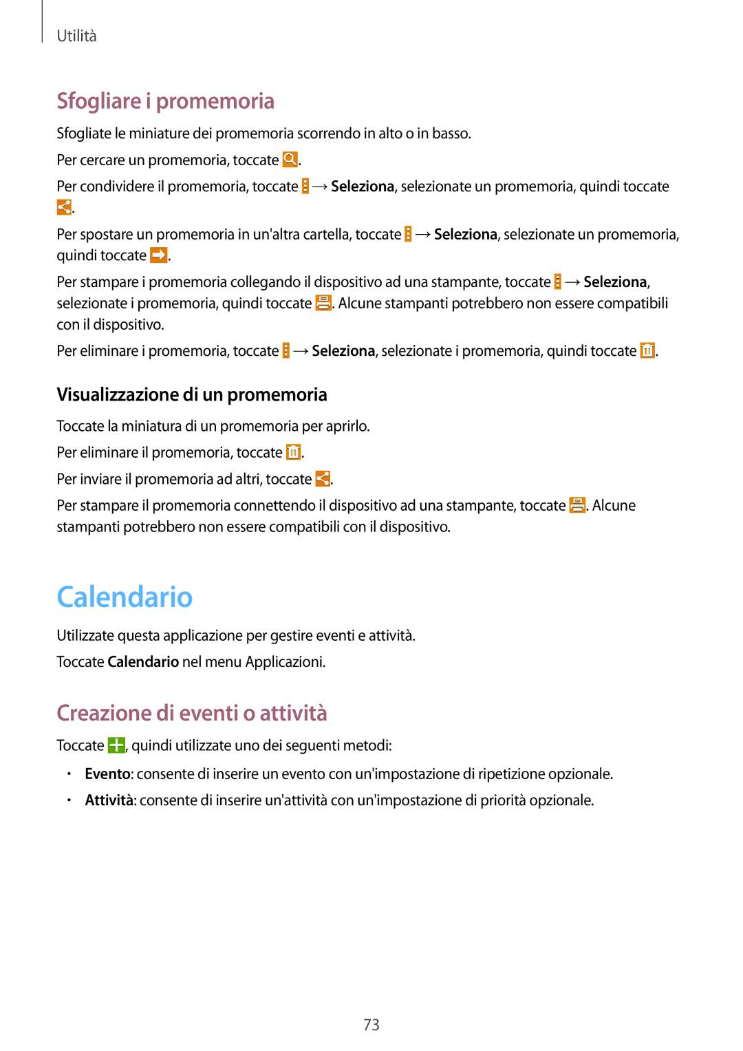 Samsung SM-T360NNGAITV manual Calendario, Sfogliare i promemoria, Creazione di eventi o attività 