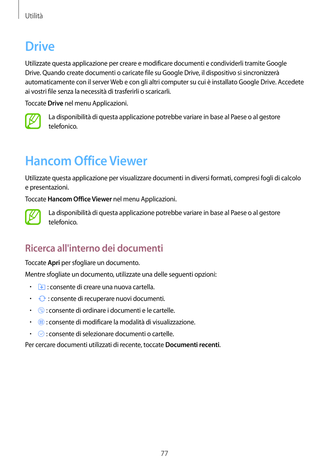 Samsung SM-T360NNGAITV manual Drive, Hancom Office Viewer, Ricerca allinterno dei documenti 