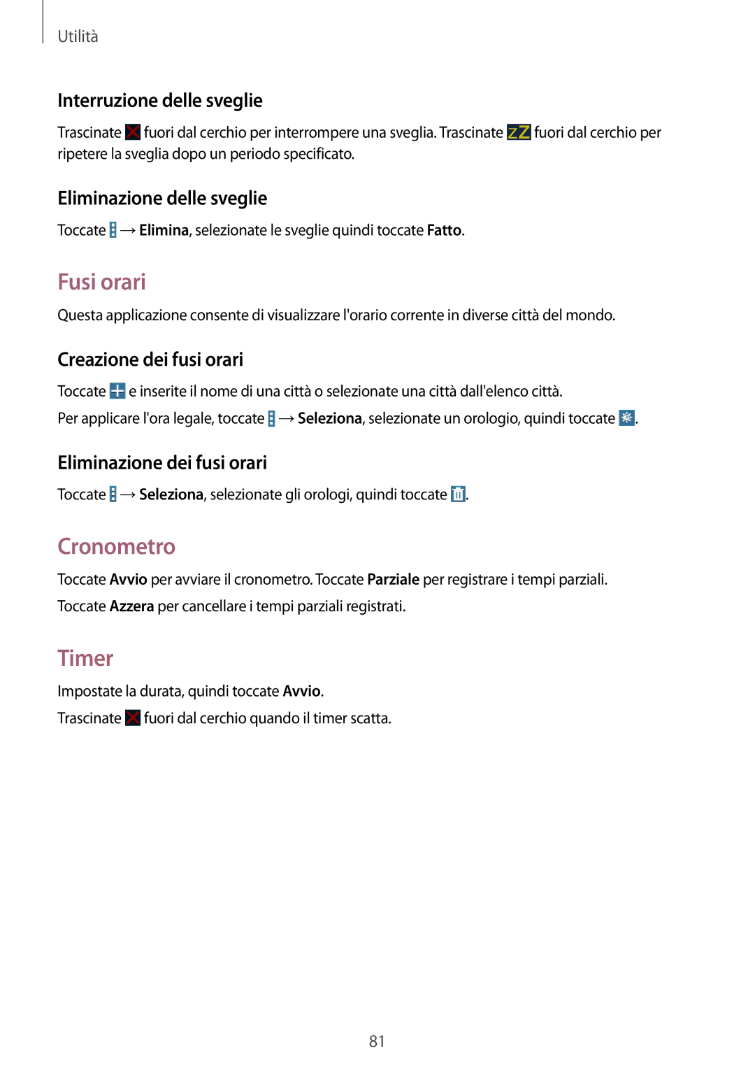 Samsung SM-T360NNGAITV manual Fusi orari, Cronometro, Timer 