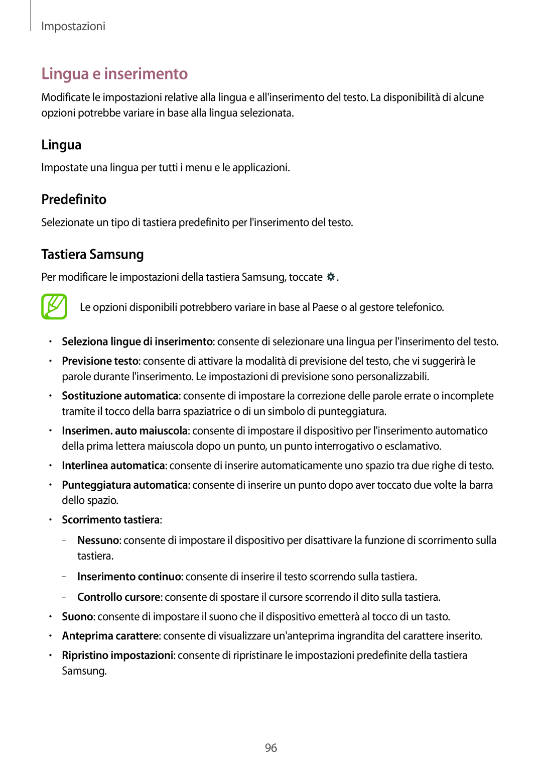 Samsung SM-T360NNGAITV manual Lingua e inserimento, Predefinito, Tastiera Samsung, Scorrimento tastiera 