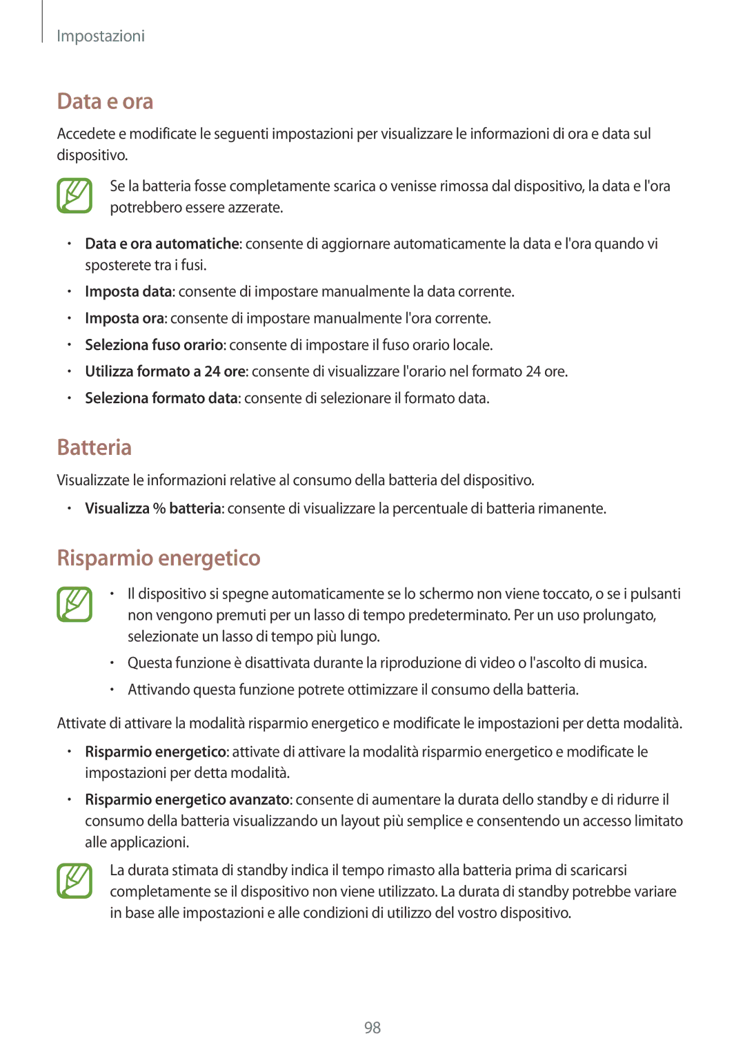 Samsung SM-T360NNGAITV manual Data e ora, Batteria, Risparmio energetico 