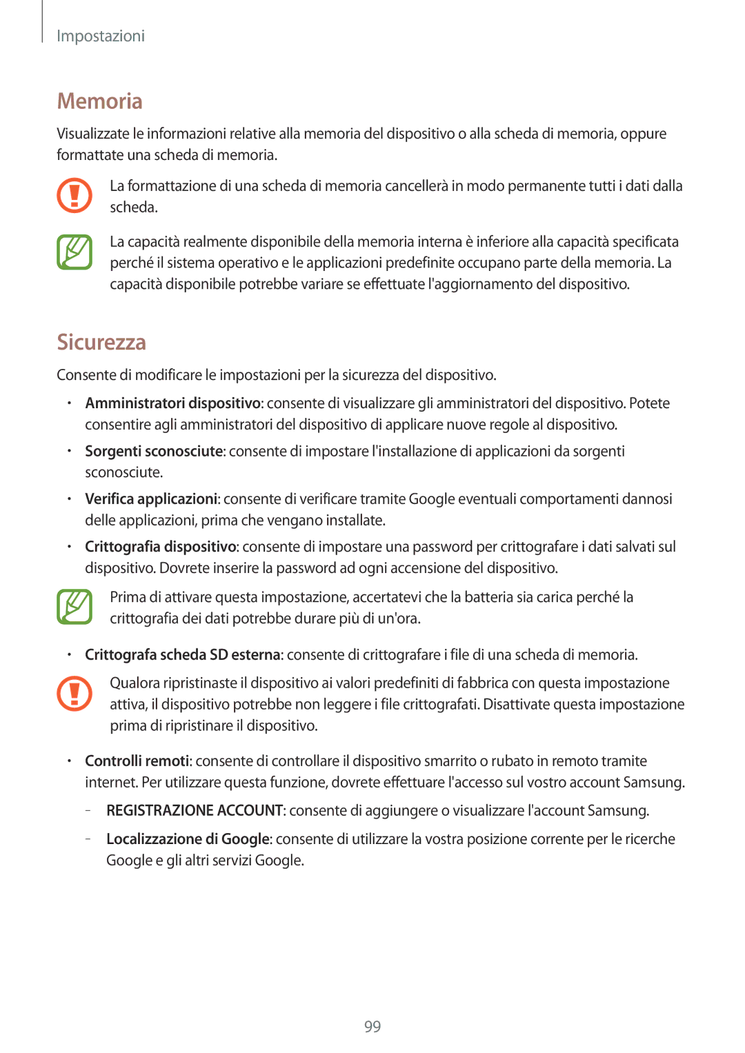 Samsung SM-T360NNGAITV manual Memoria, Sicurezza 