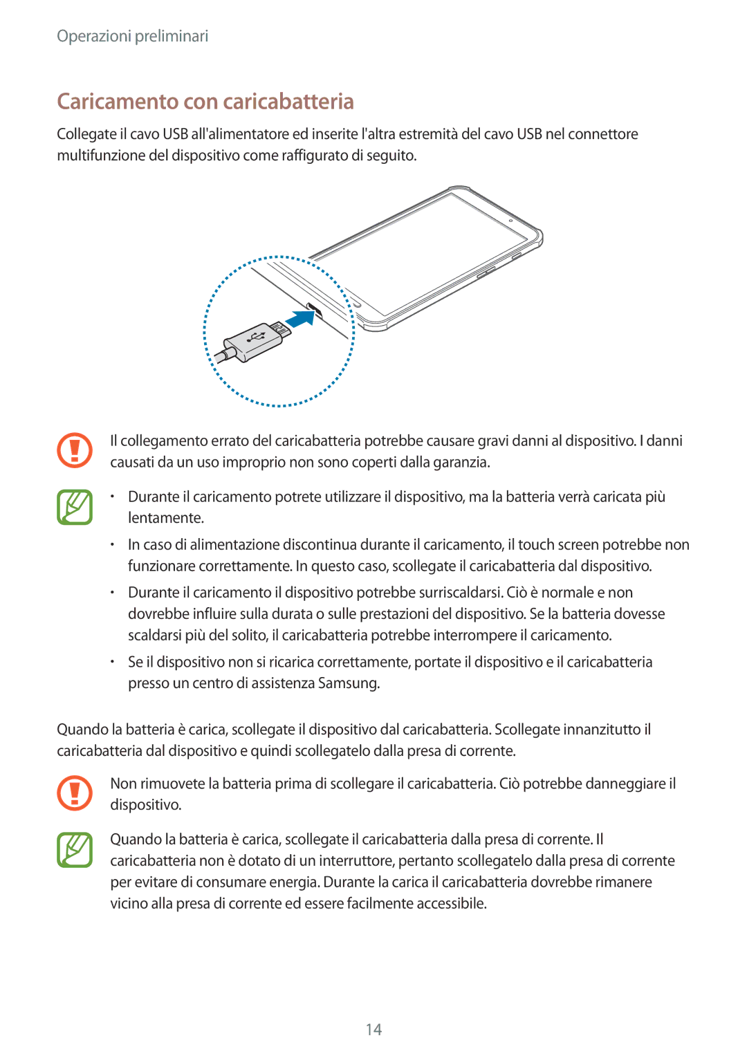 Samsung SM-T360NNGAITV manual Caricamento con caricabatteria 