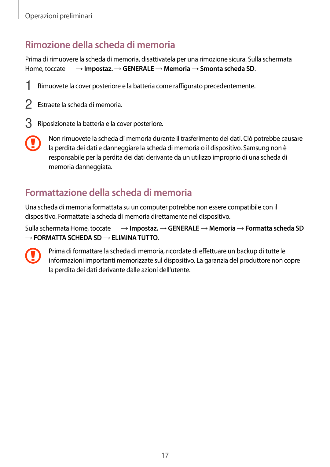 Samsung SM-T360NNGAITV manual Rimozione della scheda di memoria, Formattazione della scheda di memoria 