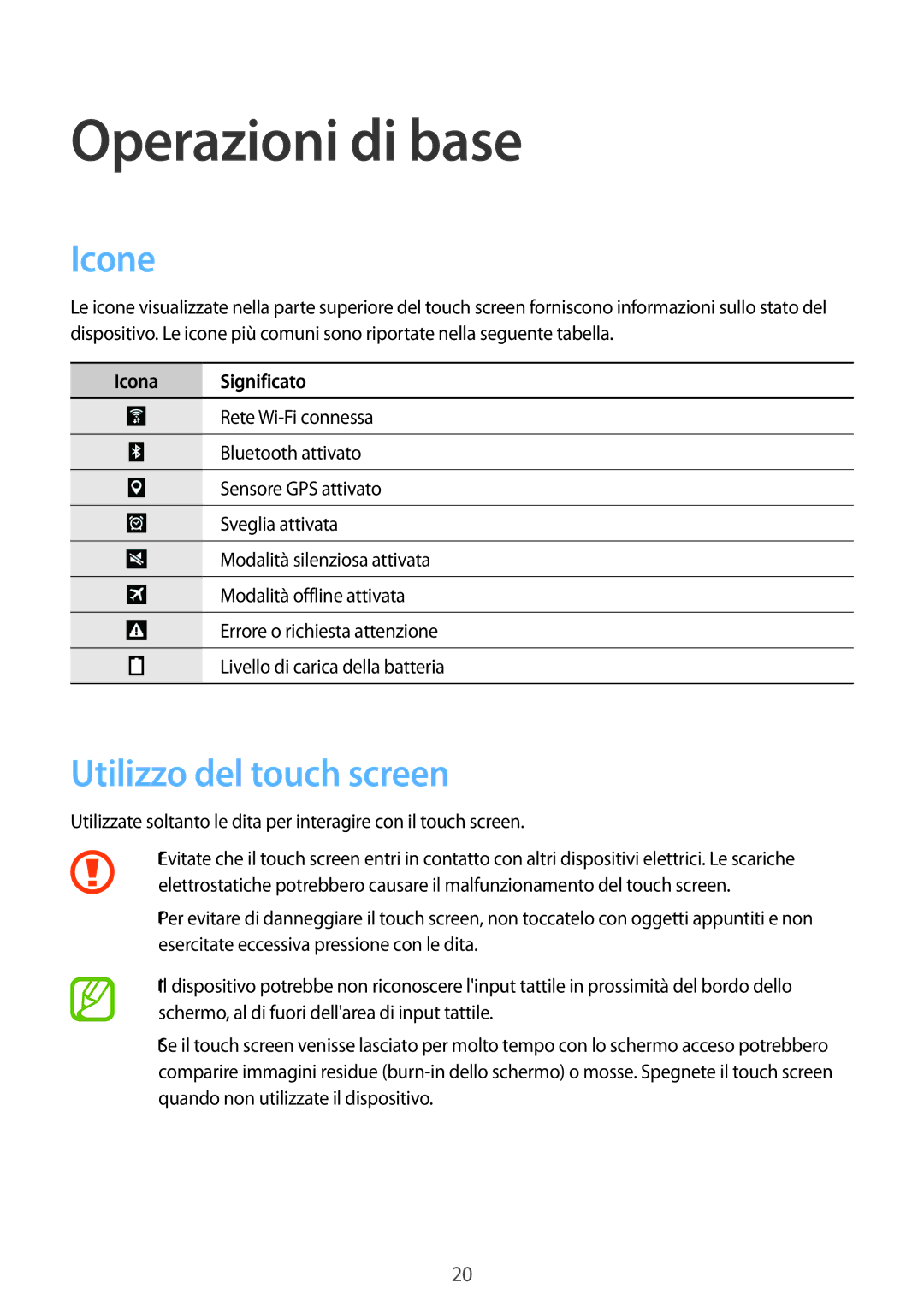 Samsung SM-T360NNGAITV manual Operazioni di base, Icone, Utilizzo del touch screen 