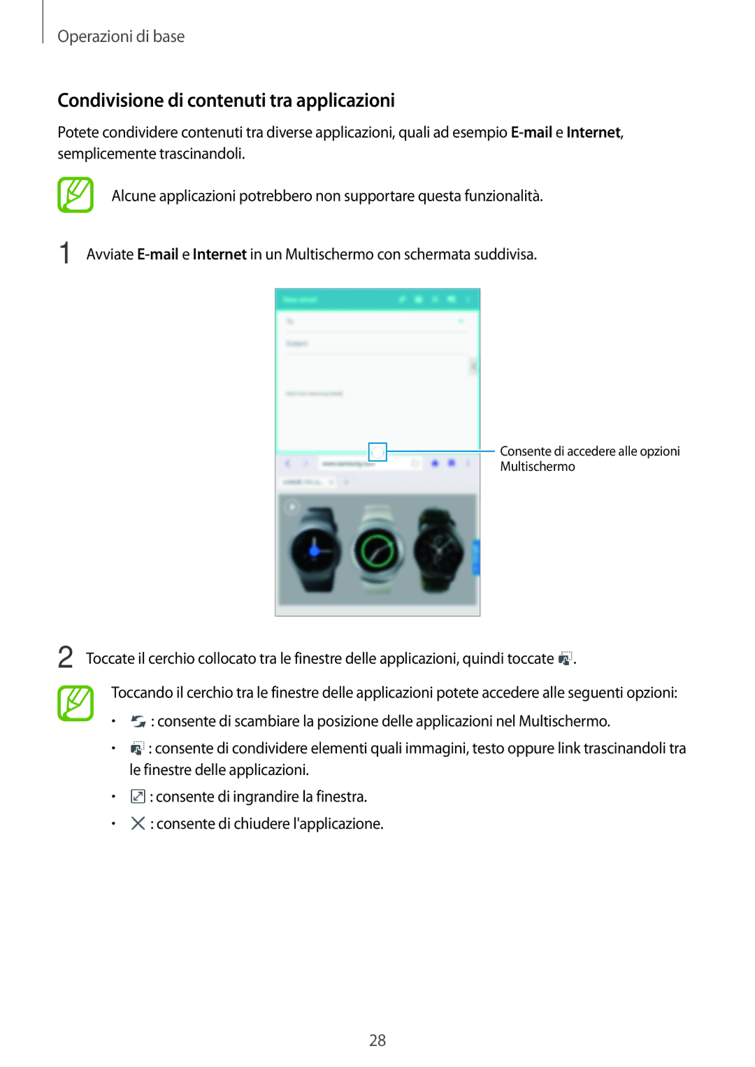 Samsung SM-T360NNGAITV manual Condivisione di contenuti tra applicazioni 