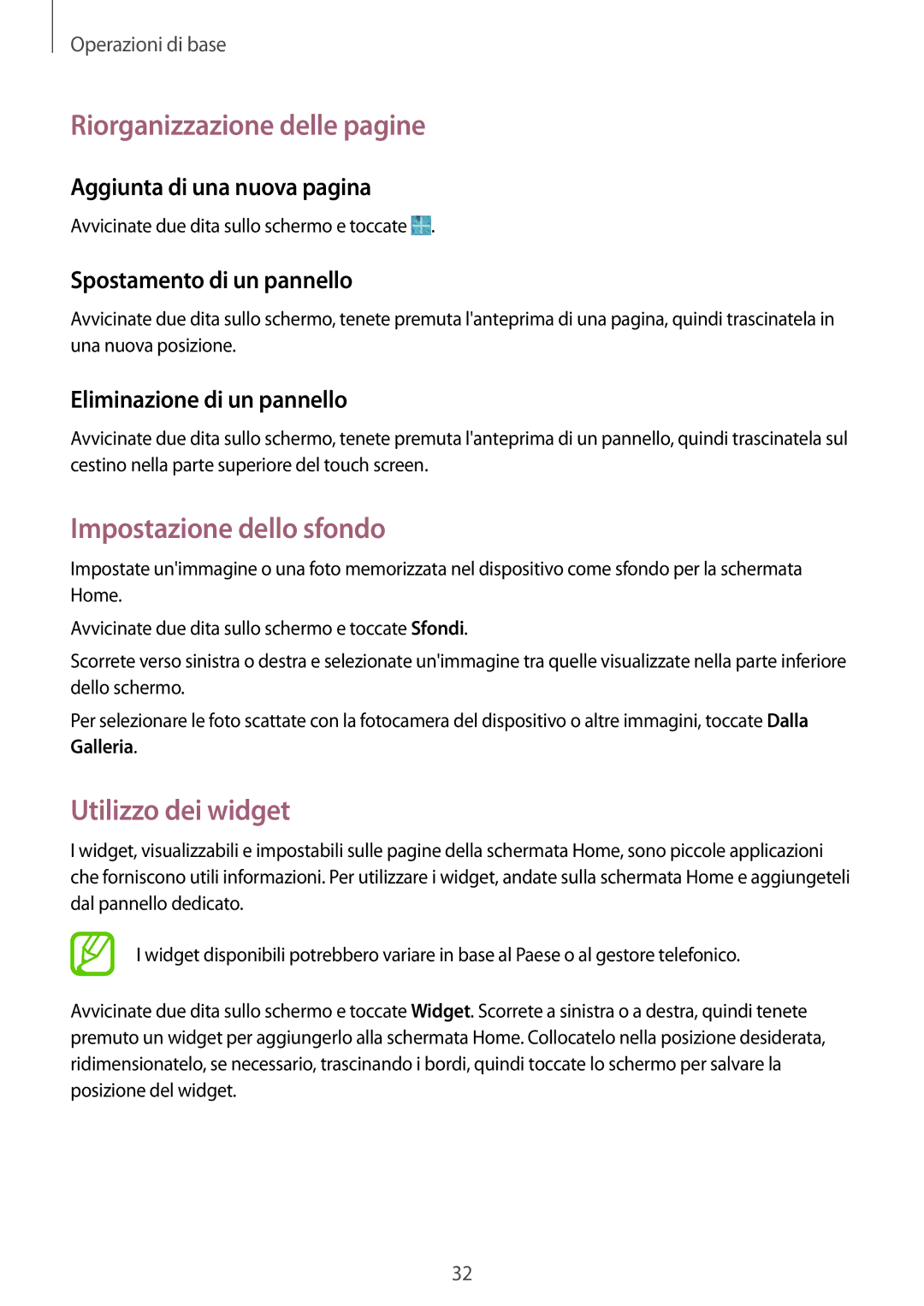 Samsung SM-T360NNGAITV manual Riorganizzazione delle pagine, Impostazione dello sfondo, Utilizzo dei widget 