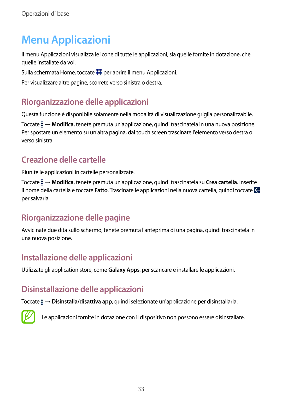 Samsung SM-T360NNGAITV manual Menu Applicazioni, Riorganizzazione delle applicazioni, Creazione delle cartelle 