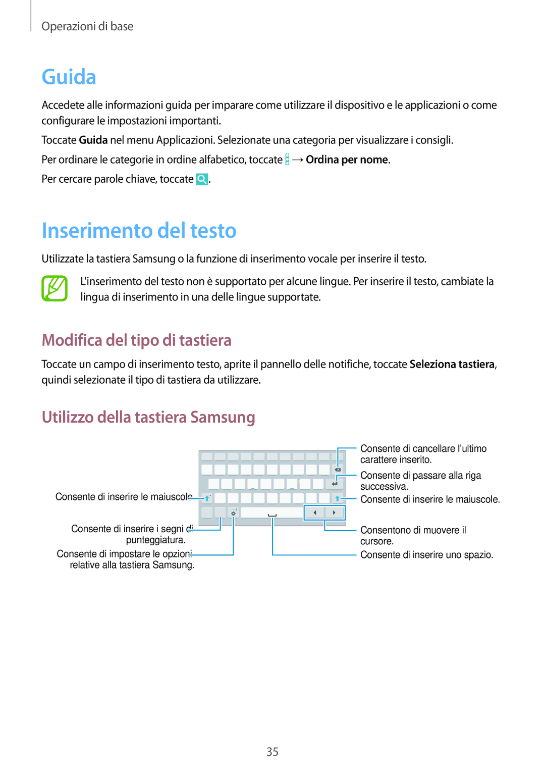 Samsung SM-T360NNGAITV manual Guida, Inserimento del testo, Modifica del tipo di tastiera 