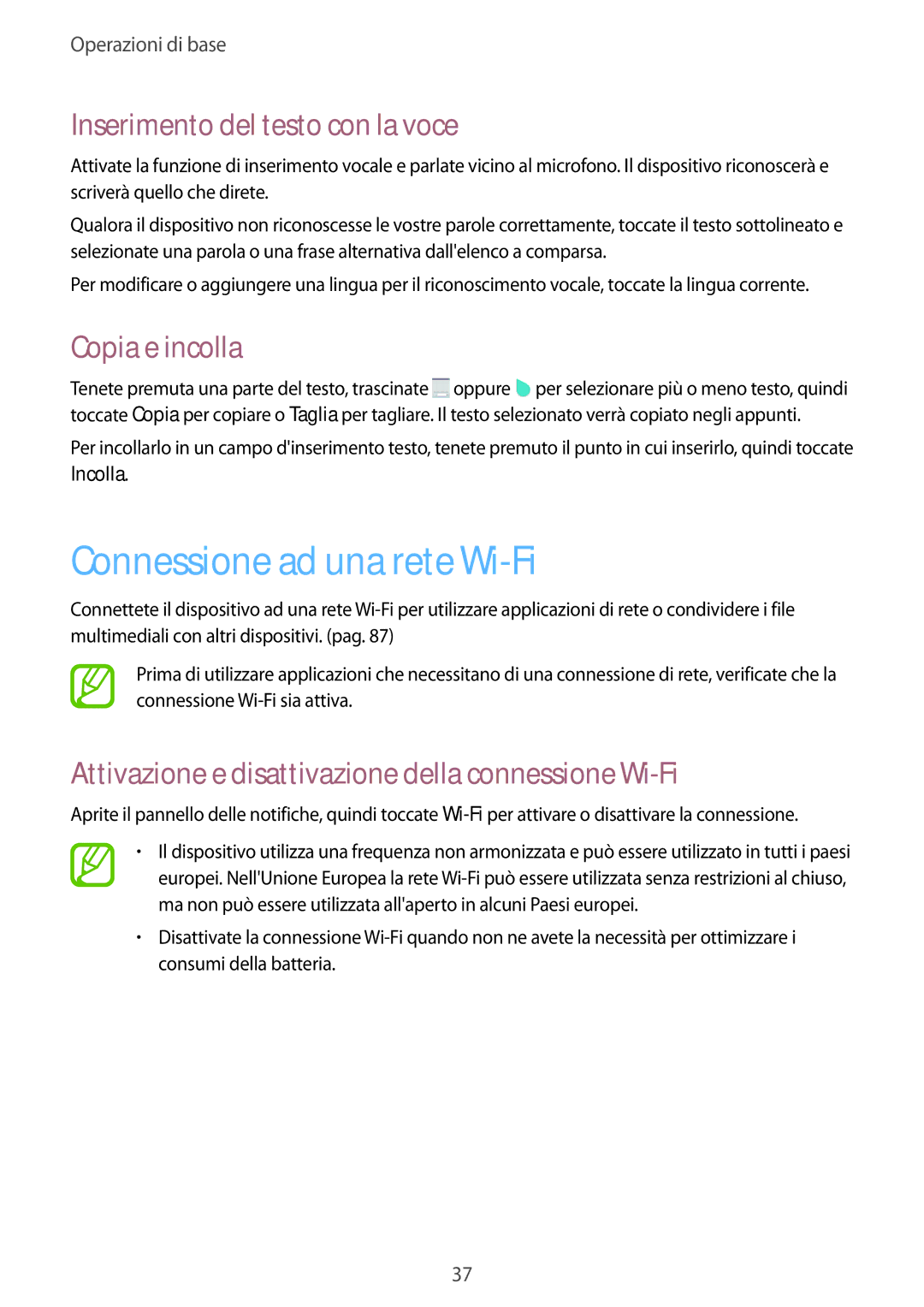 Samsung SM-T360NNGAITV manual Connessione ad una rete Wi-Fi, Inserimento del testo con la voce, Copia e incolla 