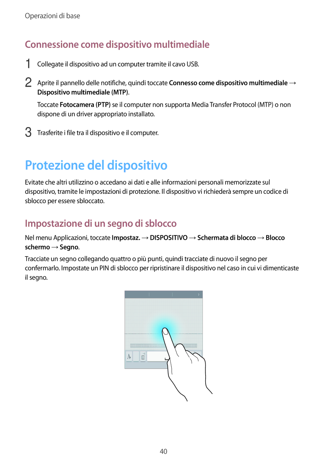 Samsung SM-T360NNGAITV manual Protezione del dispositivo, Connessione come dispositivo multimediale 