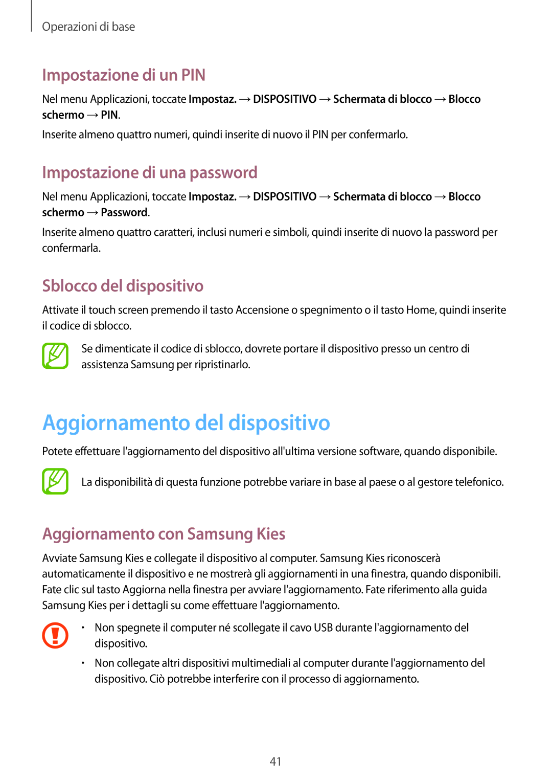 Samsung SM-T360NNGAITV manual Aggiornamento del dispositivo, Impostazione di un PIN, Impostazione di una password 