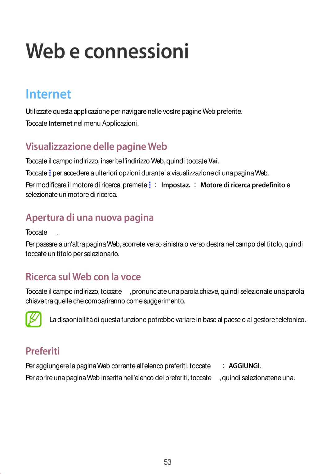 Samsung SM-T360NNGAITV manual Web e connessioni, Internet 